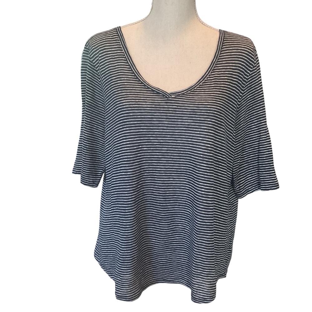 Tahari Linen Navy & White Striped Scoop Neck Short Sleeve Top L